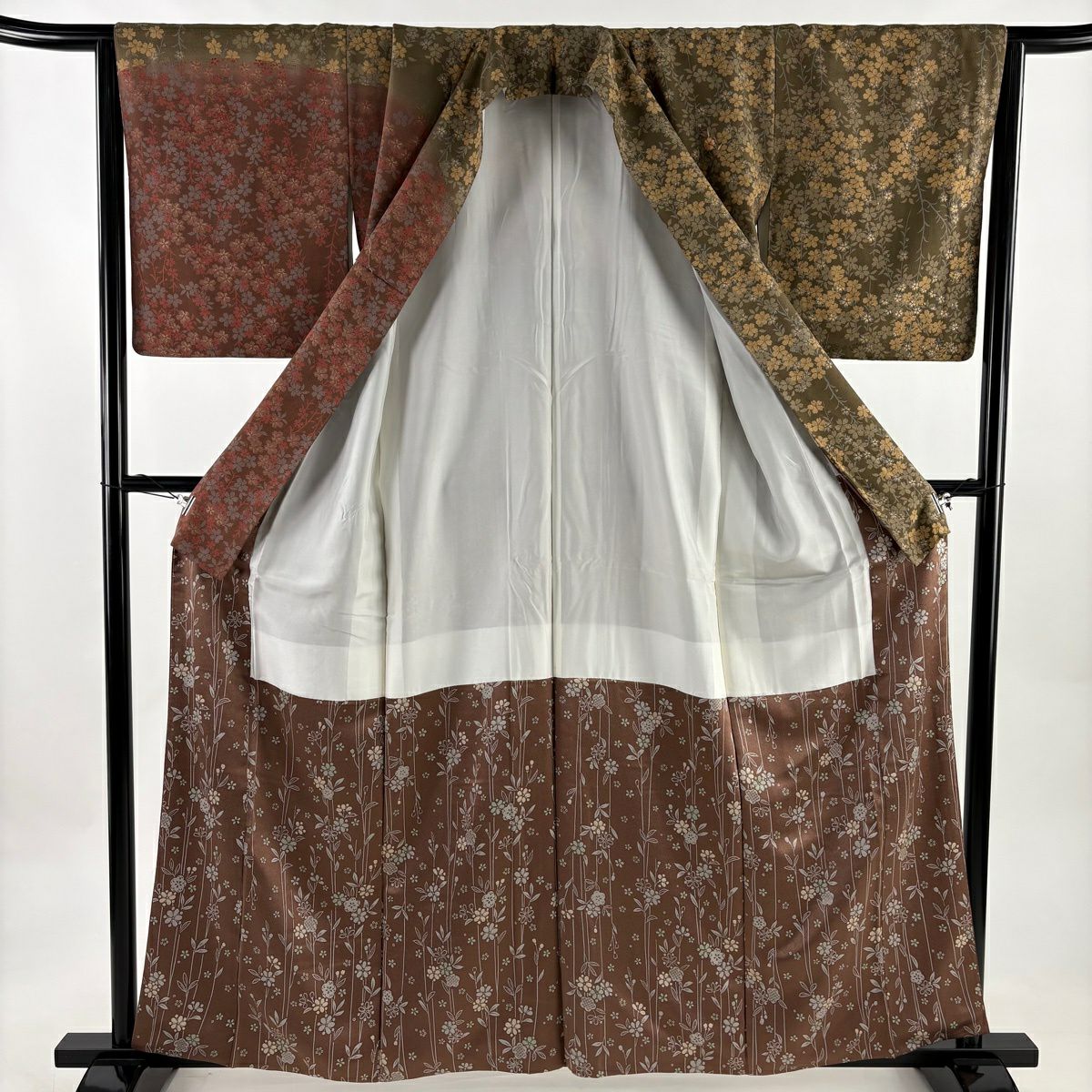訪問服 身長161cm 袖長65.5cm M 雙層 櫻花 刺繡 金線 茶綠 純蠶絲 秀品級