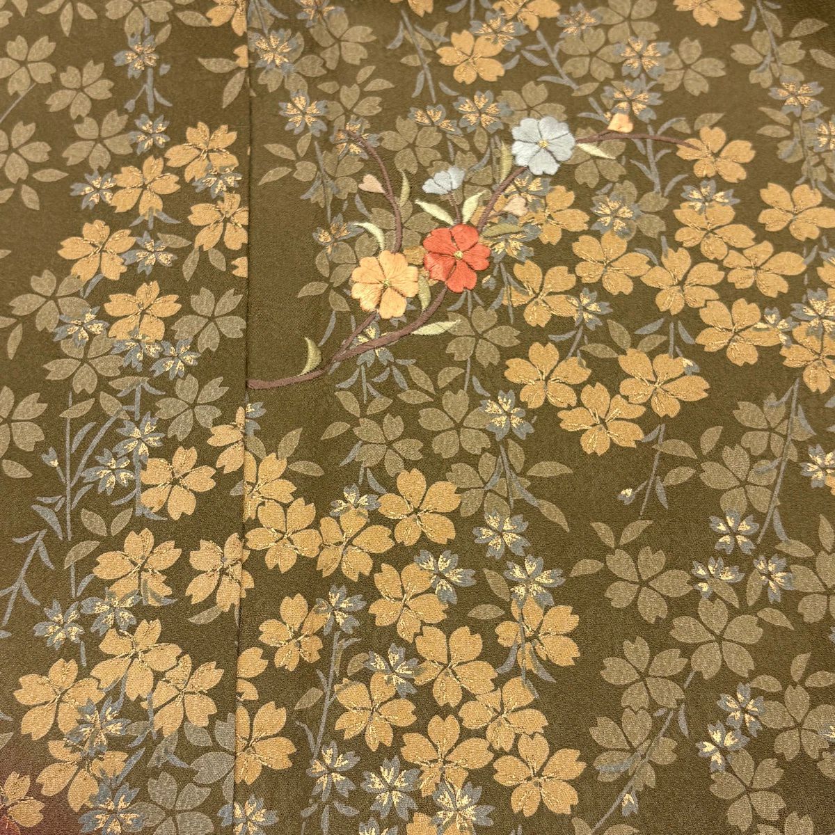 訪問服 身長161cm 袖長65.5cm M 雙層 櫻花 刺繡 金線 茶綠 純蠶絲 秀品級