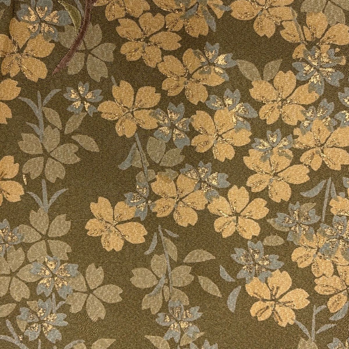訪問服 身長161cm 袖長65.5cm M 雙層 櫻花 刺繡 金線 茶綠 純蠶絲 秀品級