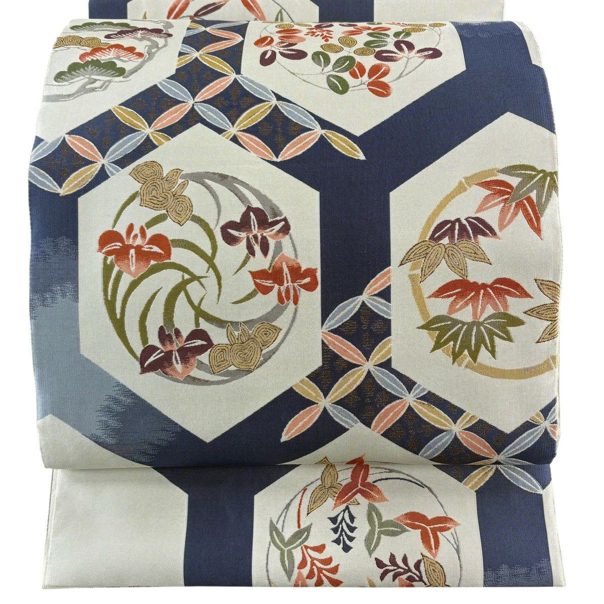 【美品】 袋帶 秀品級 龜甲 花圓紋 青灰 深藍色 六通 純蠶絲