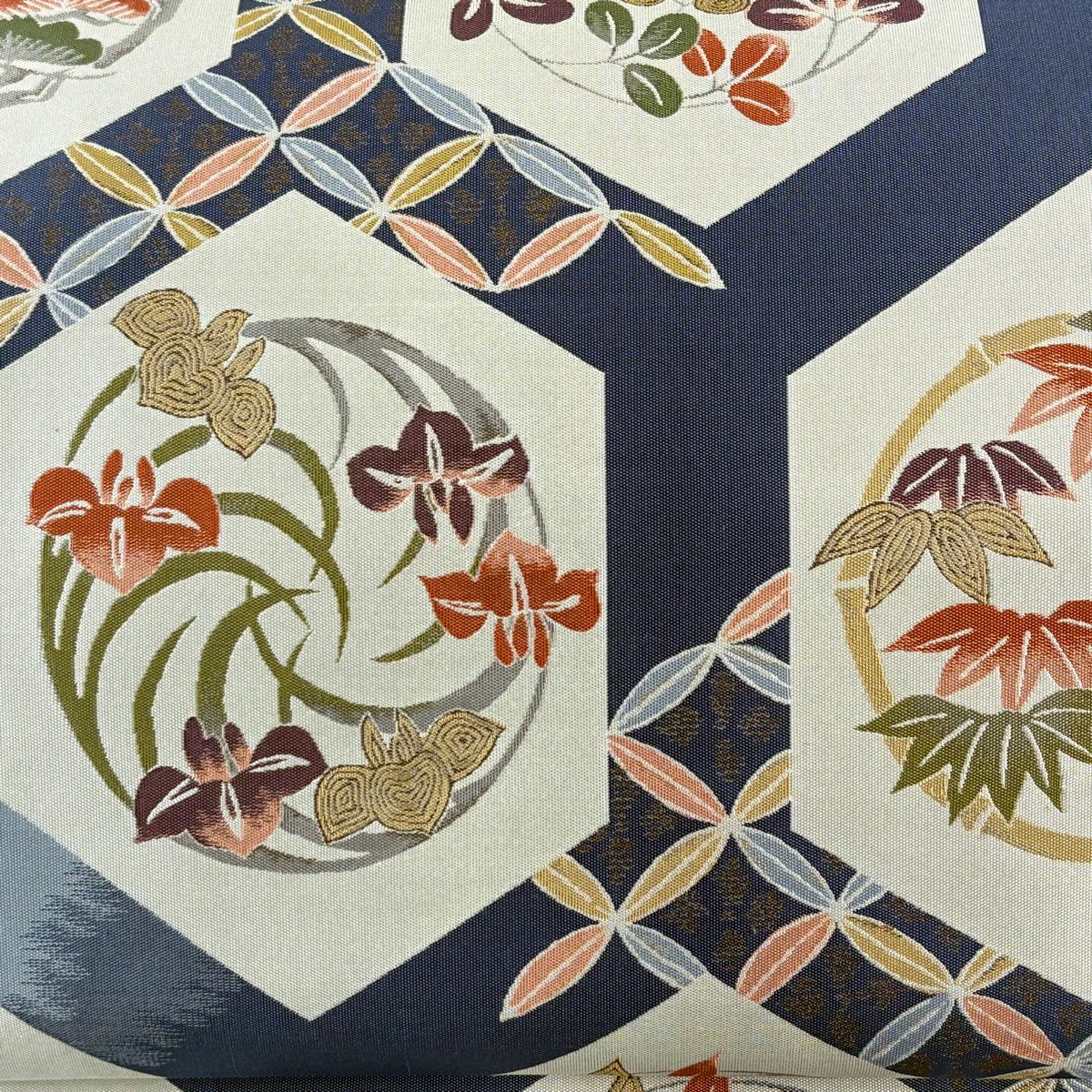 【美品】 袋帶 秀品級 龜甲 花圓紋 青灰 深藍色 六通 純蠶絲