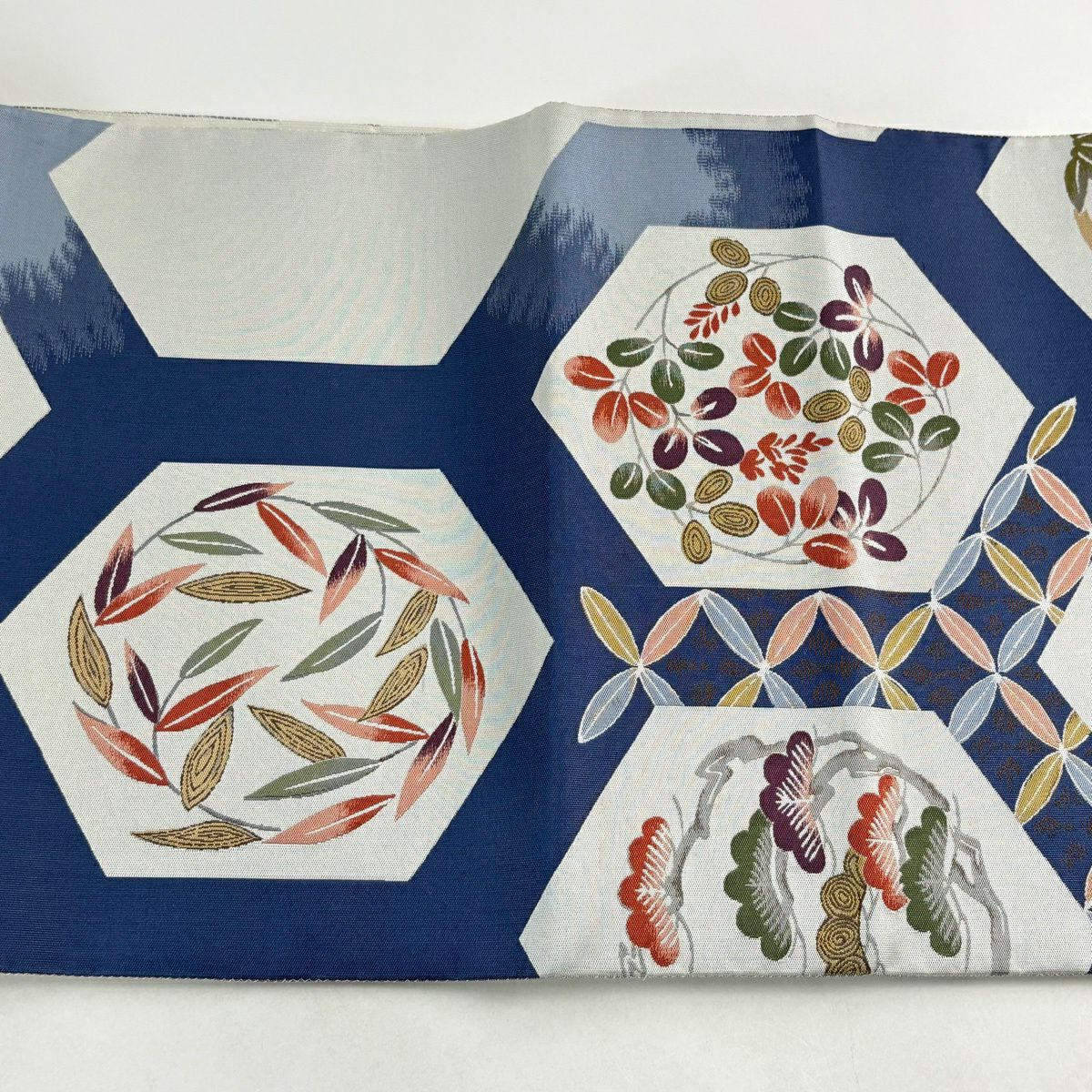 【美品】 袋帶 秀品級 龜甲 花圓紋 青灰 深藍色 六通 純蠶絲