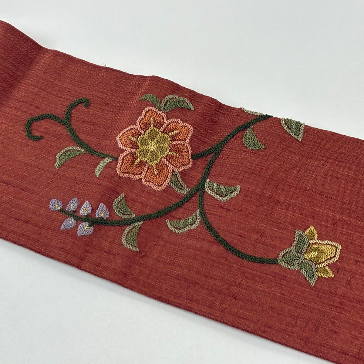 名古屋帶 秀品級 紬織織 花唐草紋 雲文 相良刺繡 金糸 茶 純蠶絲