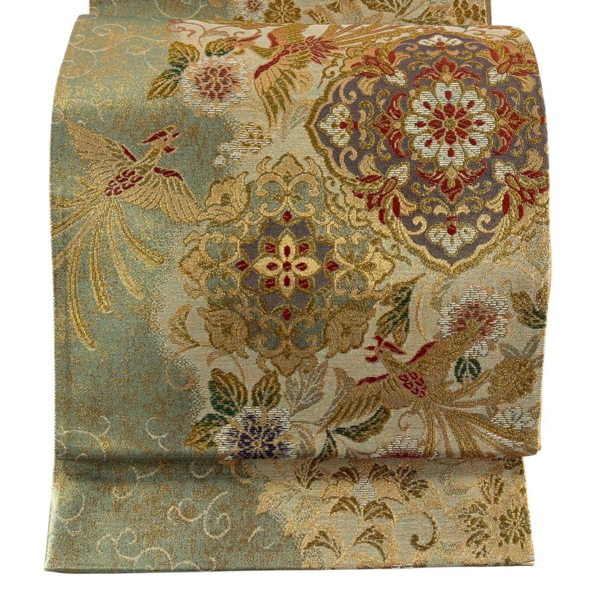 【美品】 袋帶 秀品級 華紋 鳳凰 金絲 金金箔 淺綠 六通 純蠶絲
