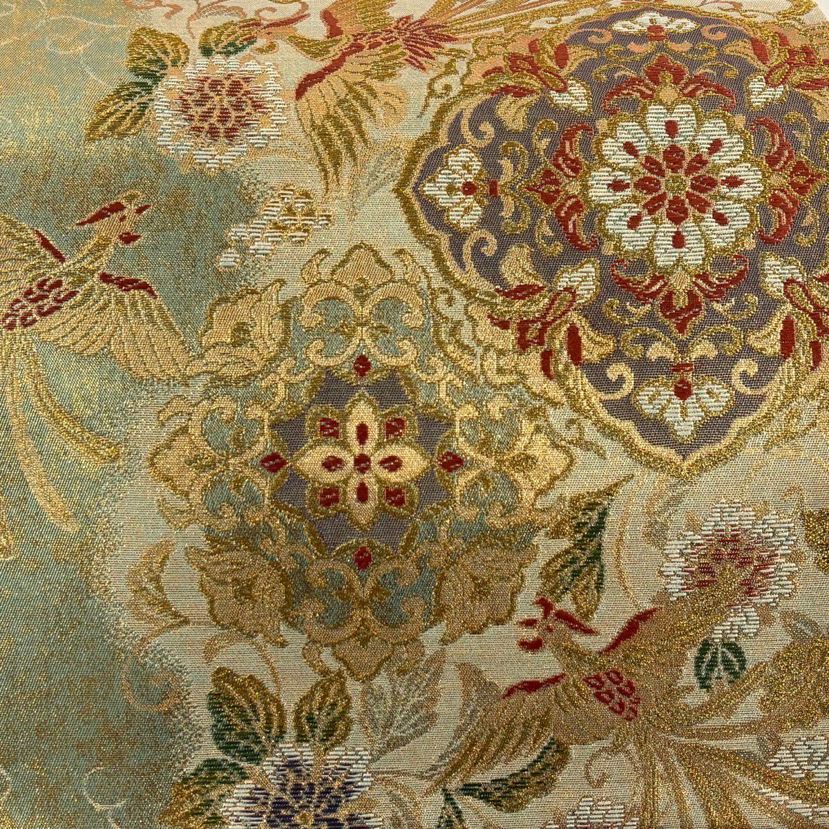 【美品】 袋帶 秀品級 華紋 鳳凰 金絲 金金箔 淺綠 六通 純蠶絲