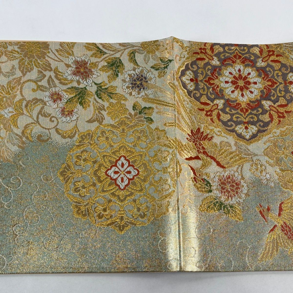 【美品】 袋帶 秀品級 華紋 鳳凰 金絲 金金箔 淺綠 六通 純蠶絲