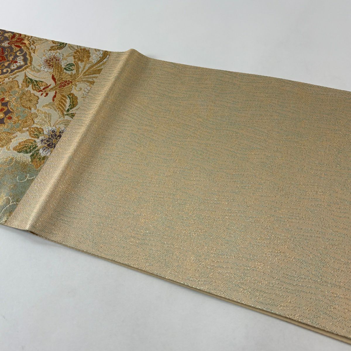 【美品】 袋帶 秀品級 華紋 鳳凰 金絲 金金箔 淺綠 六通 純蠶絲