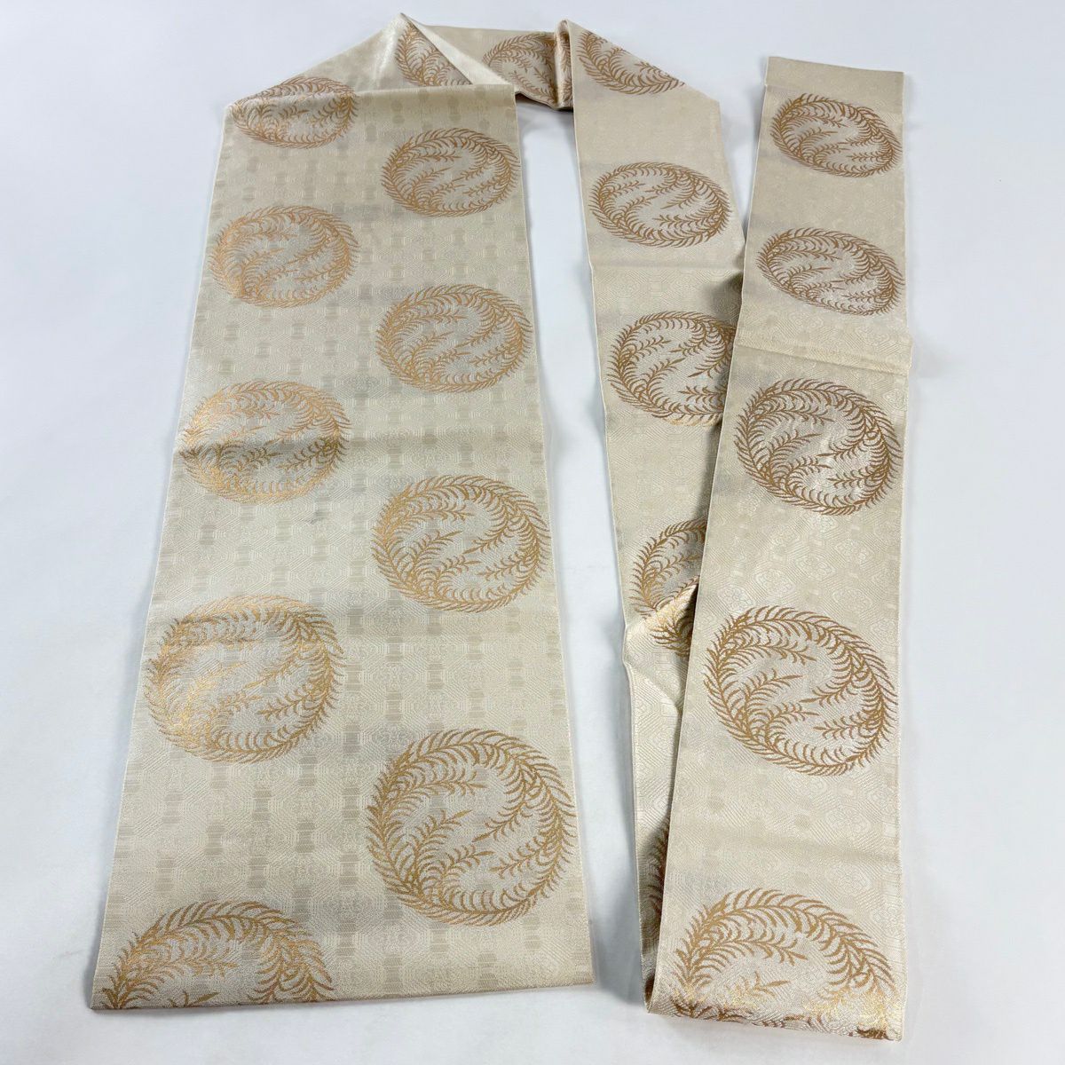 名古屋帶 秀品級 葉紋 蜀江文 金金箔 米色 純蠶絲