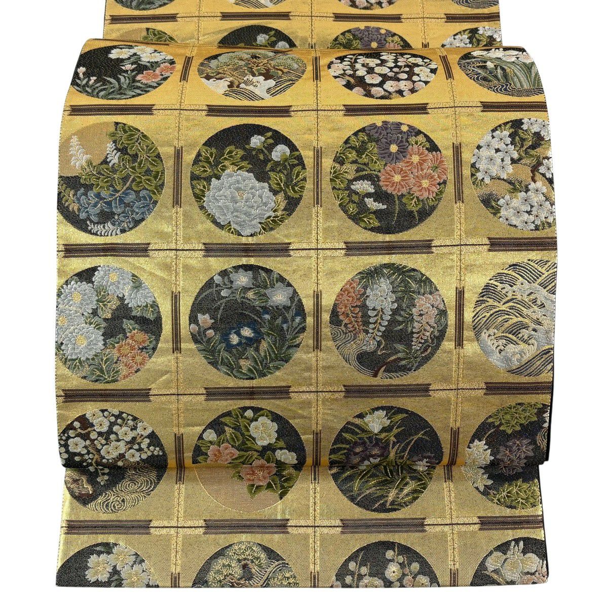 【美品】 袋帶 秀品級 草花紋紋 波頭 金絲 金金箔 金色 六通 純蠶絲