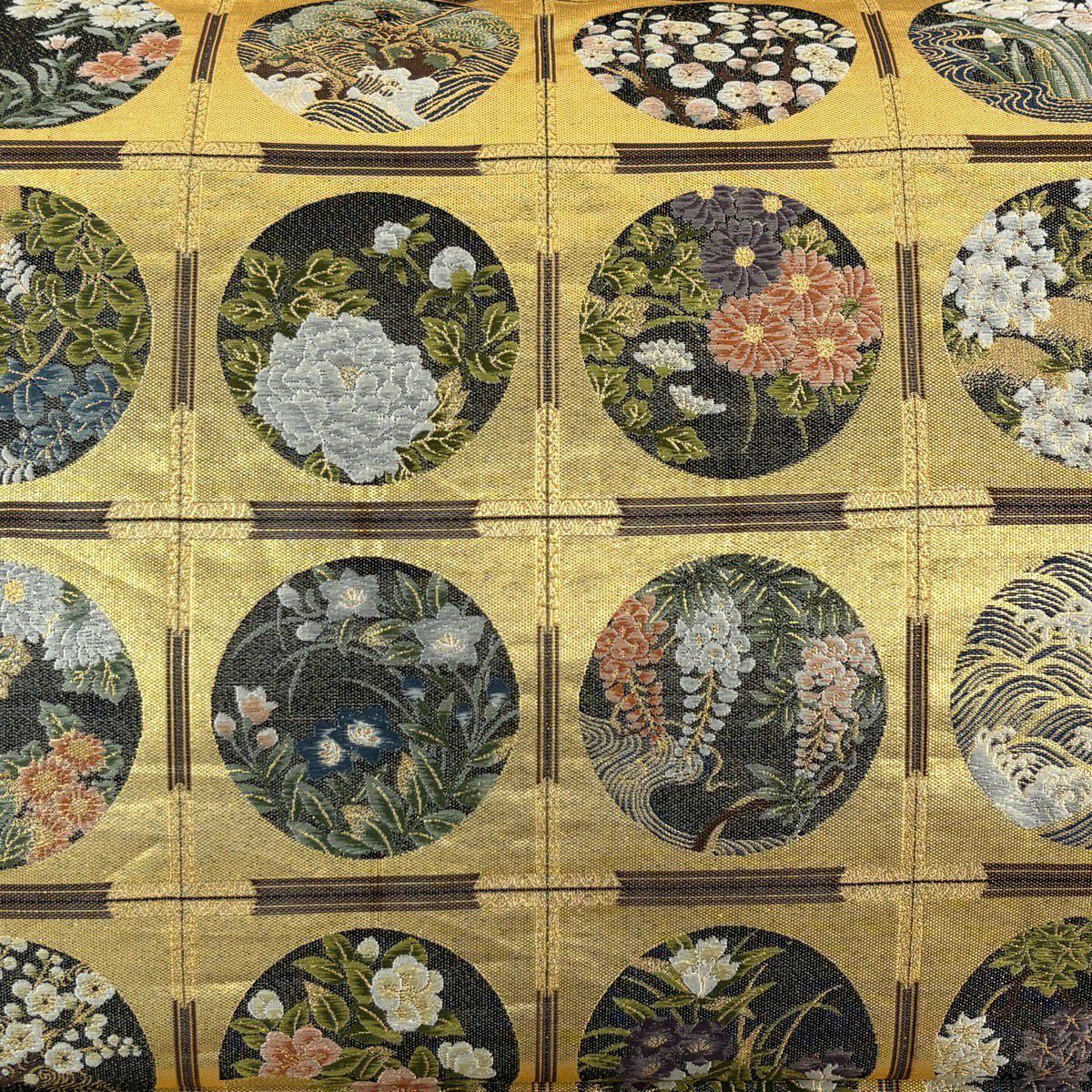 【美品】 袋帶 秀品級 草花紋紋 波頭 金絲 金金箔 金色 六通 純蠶絲