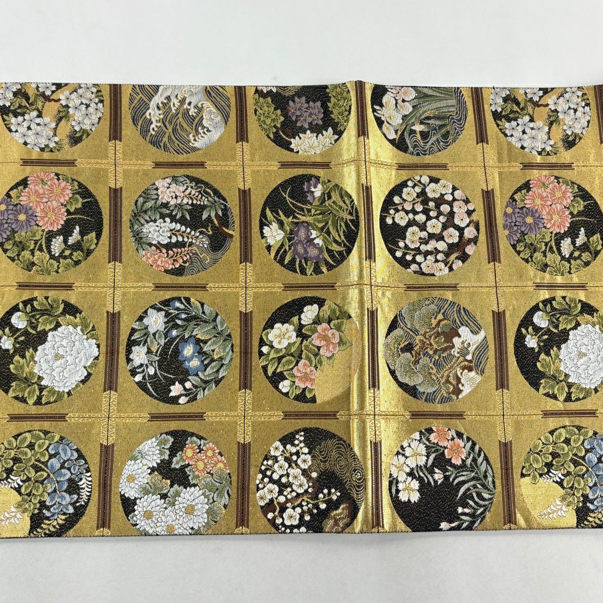 【美品】 袋帶 秀品級 草花紋紋 波頭 金絲 金金箔 金色 六通 純蠶絲