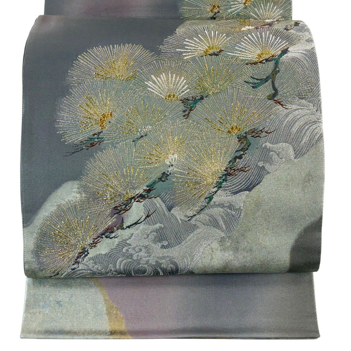 【美品】 袋帶 秀品級 松樹 波頭 金糸 金金箔 灰紫 お太鼓圖案 純蠶絲