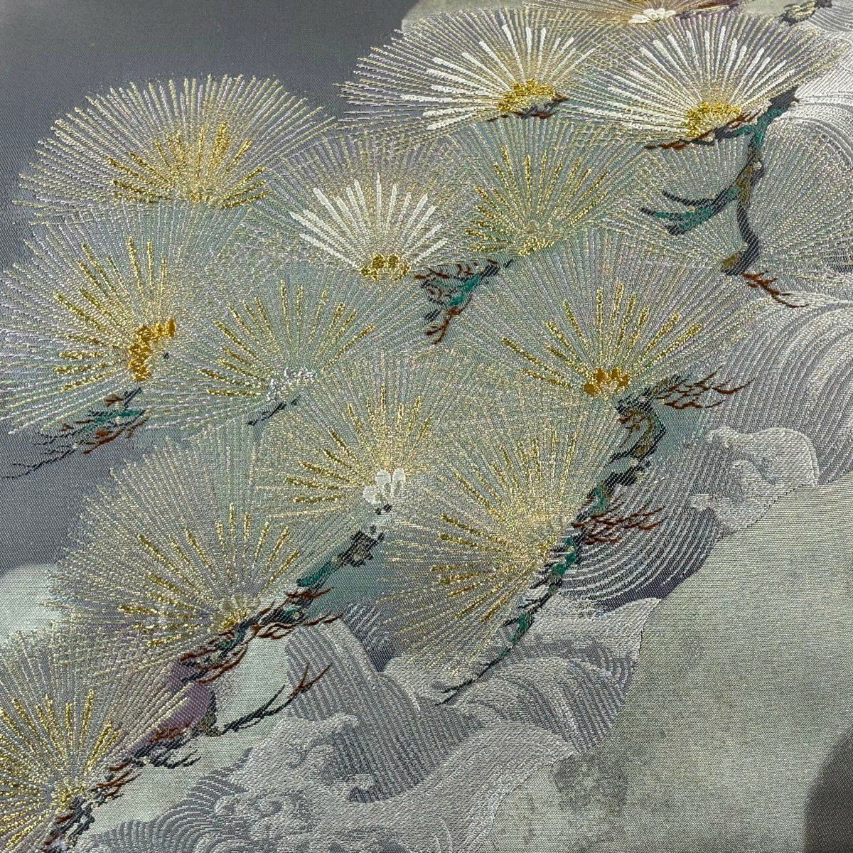 【美品】 袋帶 秀品級 松樹 波頭 金糸 金金箔 灰紫 お太鼓圖案 純蠶絲