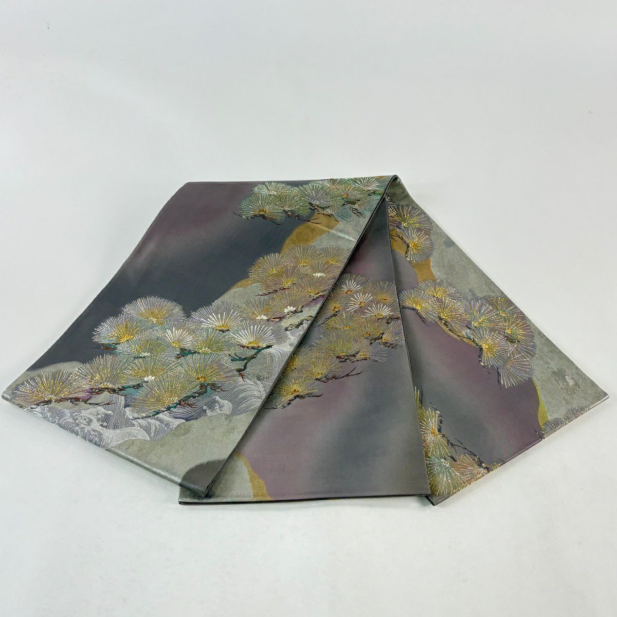 【美品】 袋帶 秀品級 松樹 波頭 金糸 金金箔 灰紫 お太鼓圖案 純蠶絲