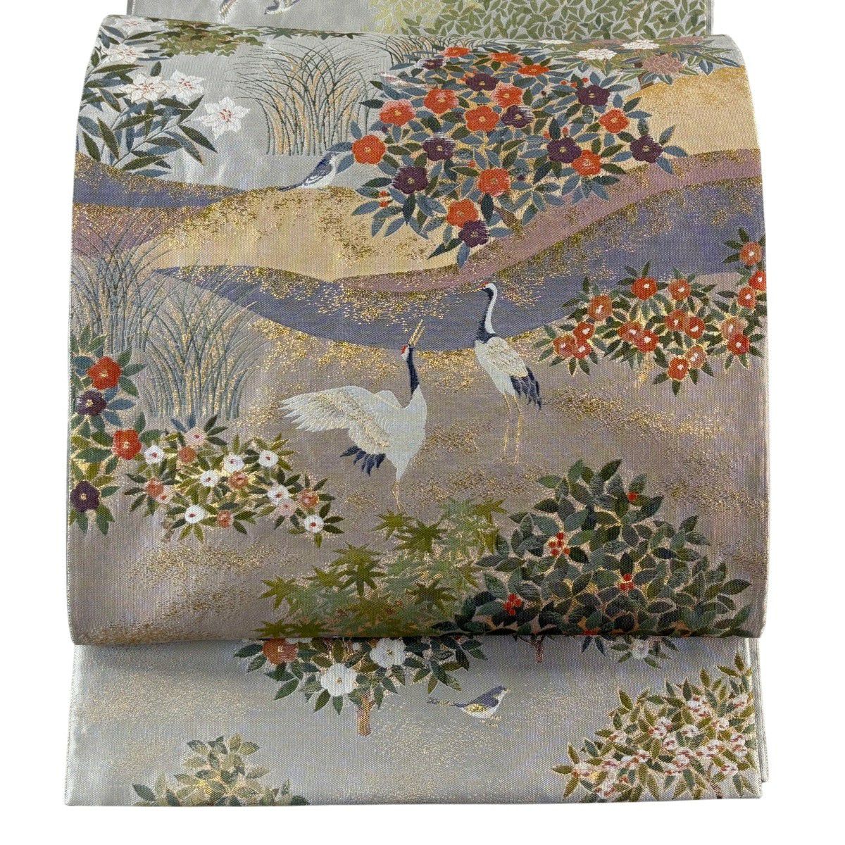 【美品】 袋帶 秀品級 落款あり 藤三郎 仙鶴 枝花 金金箔 灰色 六通 純蠶絲