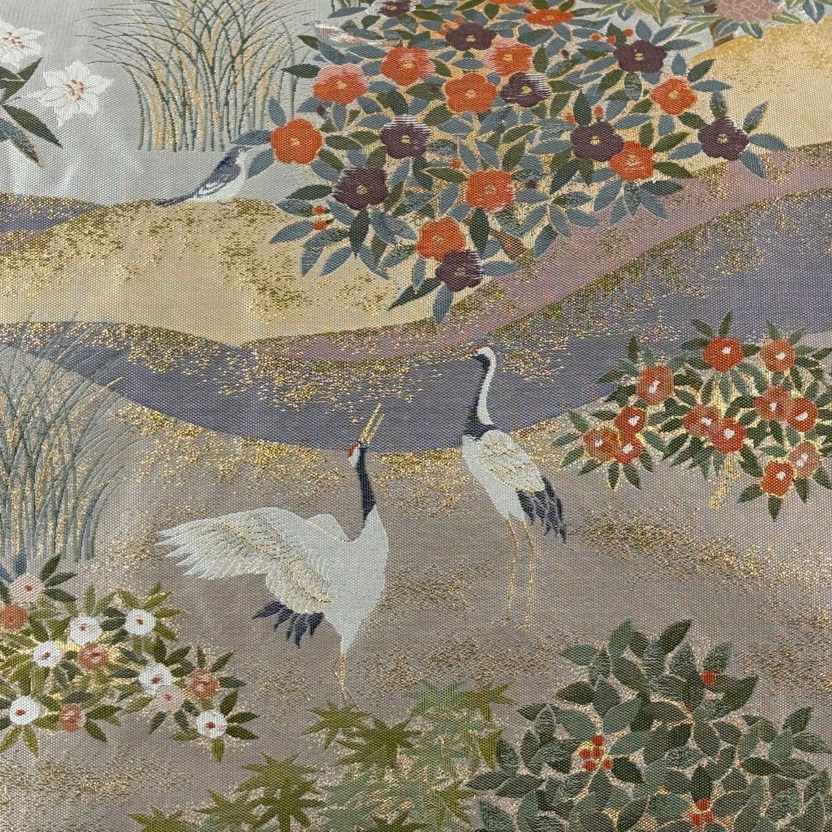【美品】 袋帶 秀品級 落款あり 藤三郎 仙鶴 枝花 金金箔 灰色 六通 純蠶絲