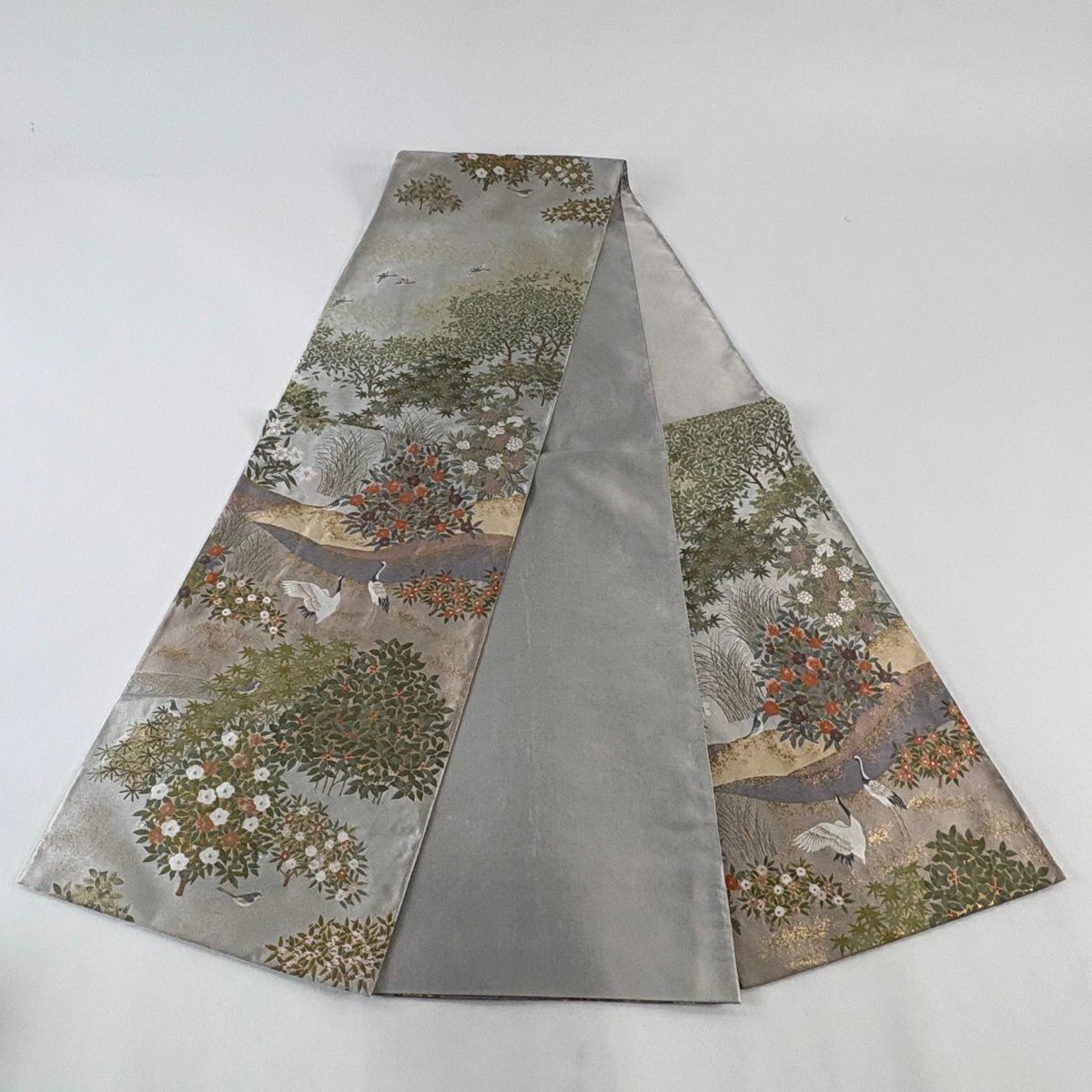 【美品】 袋帶 秀品級 落款あり 藤三郎 仙鶴 枝花 金金箔 灰色 六通 純蠶絲