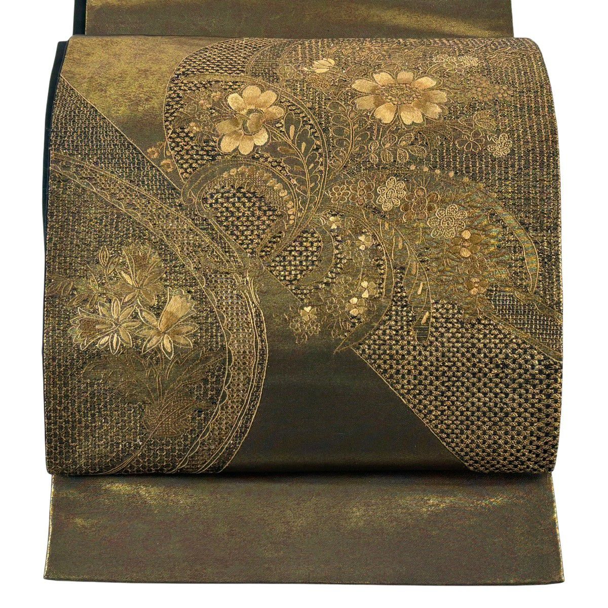【美品】 袋帶 秀品級 草花紋刺繡 金金箔 金茶 お太鼓圖案 純蠶絲