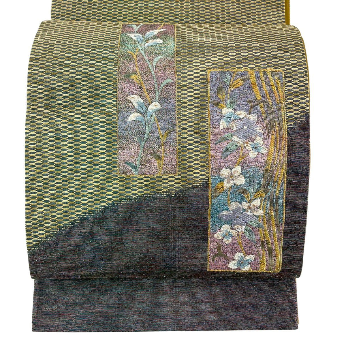 【美品】 袋帶 秀品級 短冊 草花紋紋 金金箔 紫色 お太鼓柄 純蠶絲