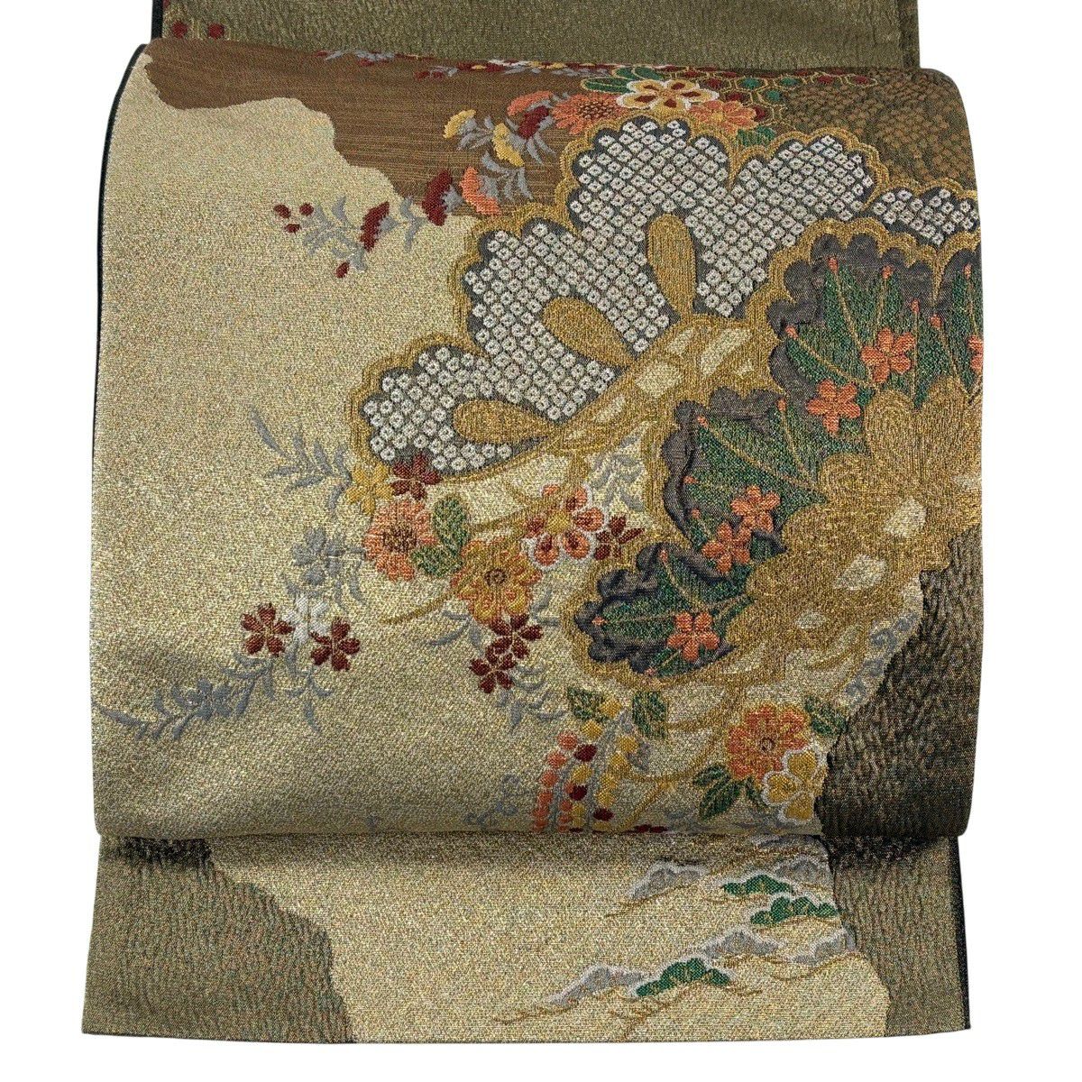 【美品】 袋帶 秀品級 松樹 草花紋 金糸 金金箔 茶綠 純蠶絲 お太鼓柄