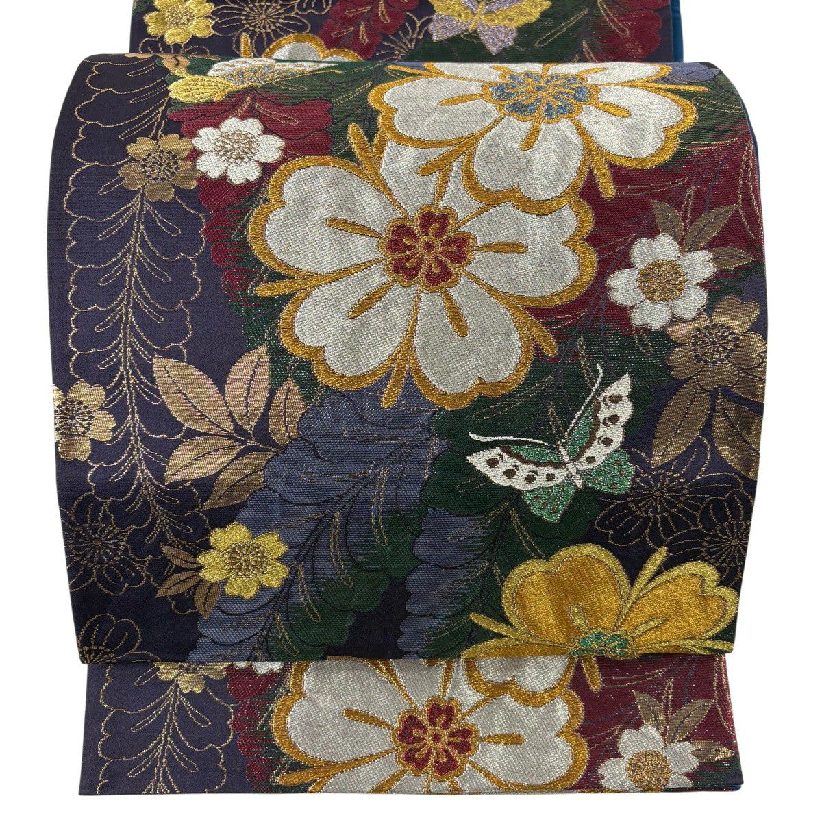 【美品】 袋帶 秀品級 草花紋紋 蝶 金絲 金金箔 深紫 六通 純蠶絲