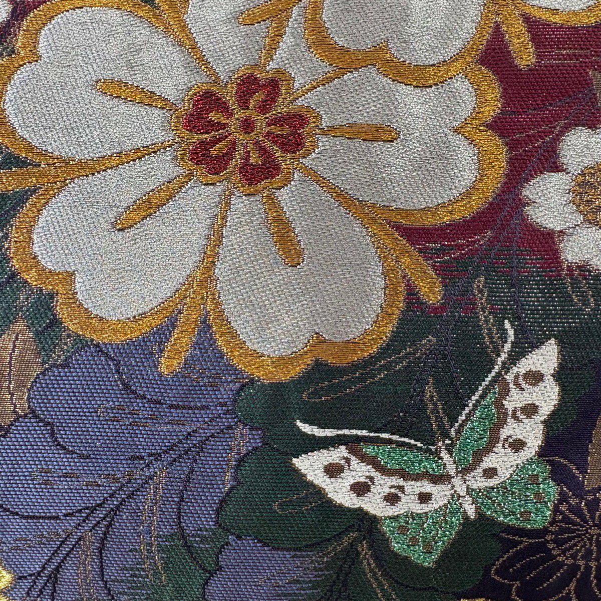 【美品】 袋帶 秀品級 草花紋紋 蝶 金絲 金金箔 深紫 六通 純蠶絲