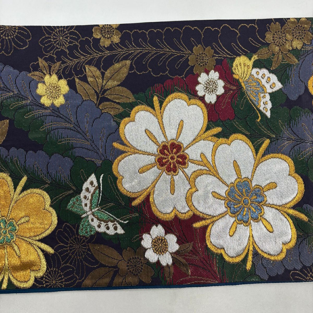 【美品】 袋帶 秀品級 草花紋紋 蝶 金絲 金金箔 深紫 六通 純蠶絲