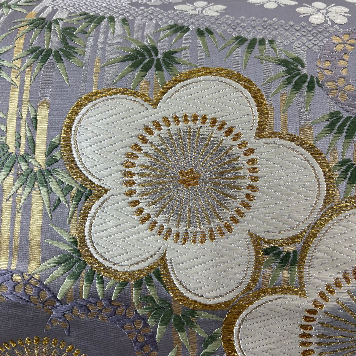 【美品】 袋帶 秀品級 梅花 竹子 金銀糸 唐織 薄紫 六通 純蠶絲