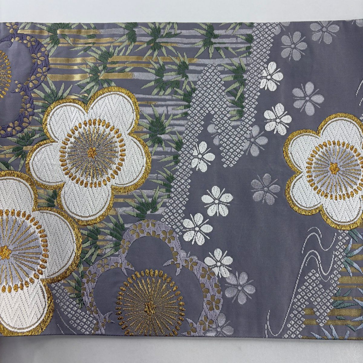 【美品】 袋帶 秀品級 梅花 竹子 金銀糸 唐織 薄紫 六通 純蠶絲