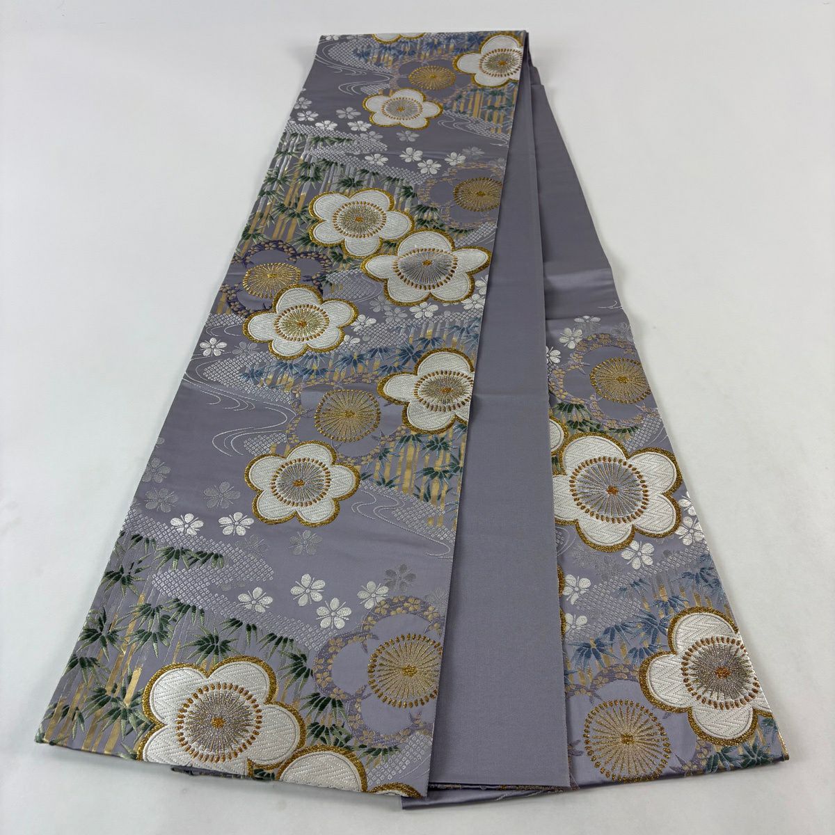 【美品】 袋帶 秀品級 梅花 竹子 金銀糸 唐織 薄紫 六通 純蠶絲