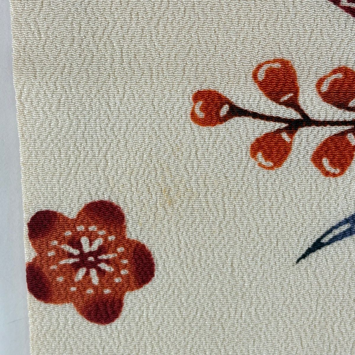 名古屋帶 秀品級 梅花 桔梗 縮緬 薄橙 純蠶絲