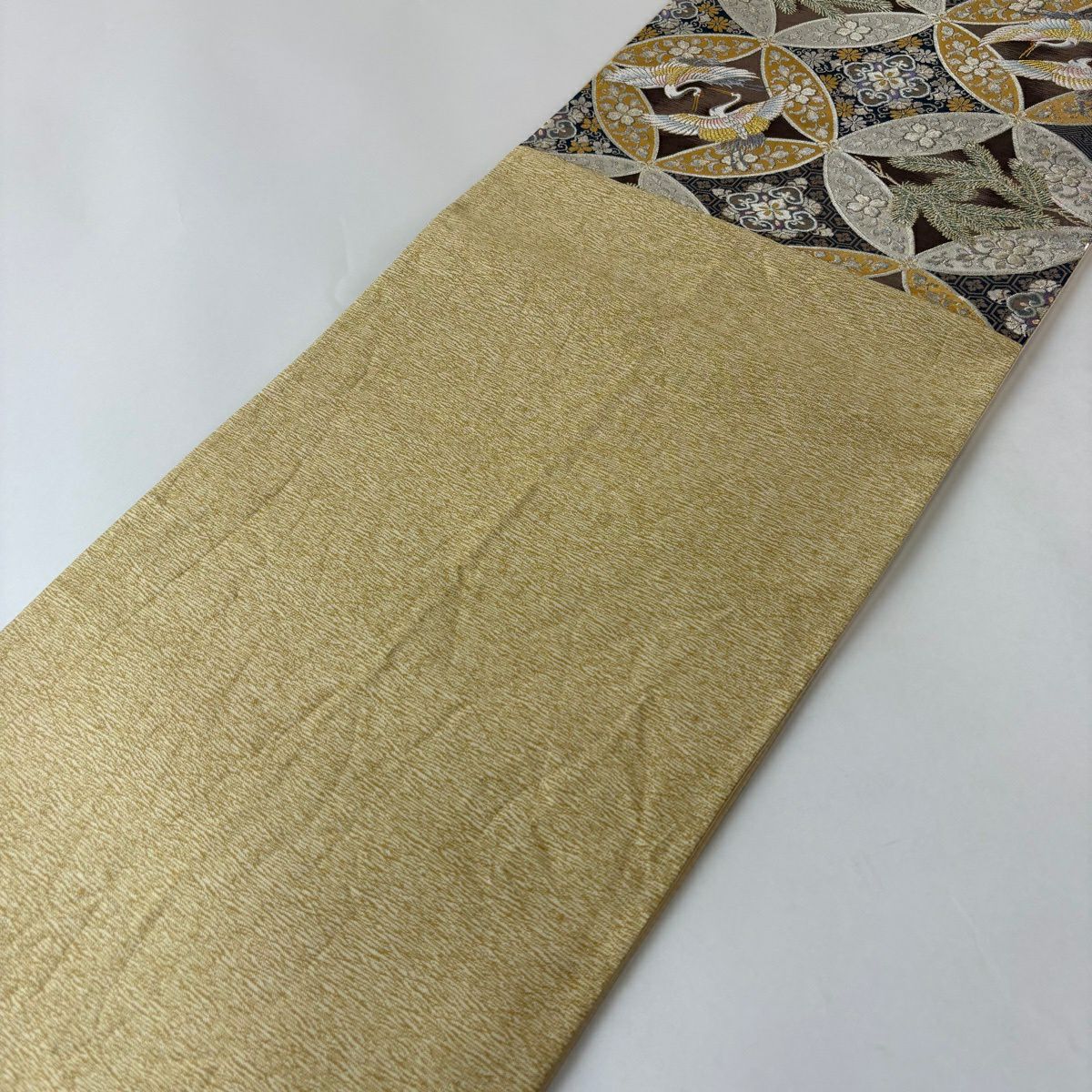 【美品】 袋帶 秀品級 向仙鶴 七寶紋 金金箔 金絲 茶 六通 純蠶絲