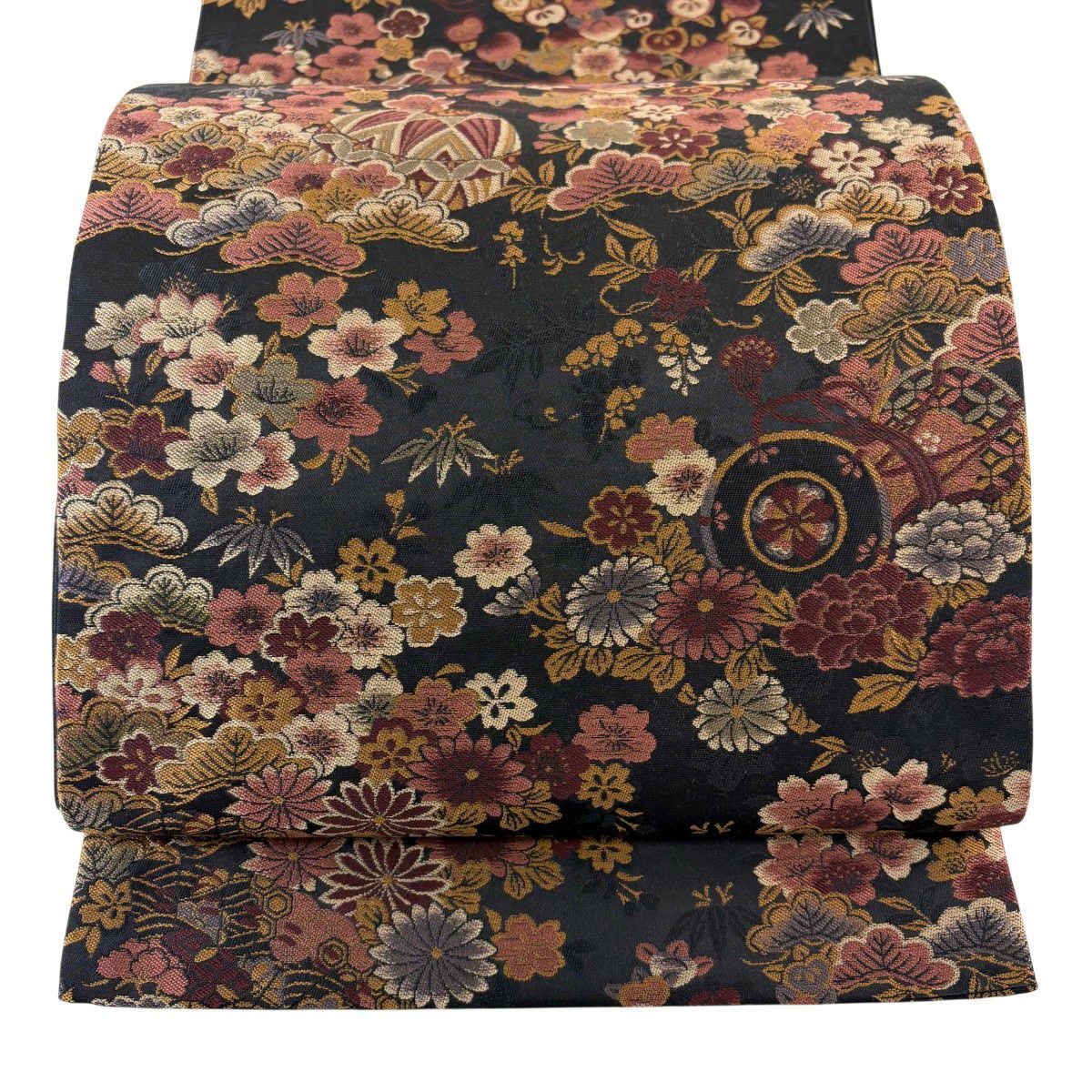 【美品】 袋帶 秀品級 こむさでもーど 鼓 櫻花 黑 六通 純蠶絲