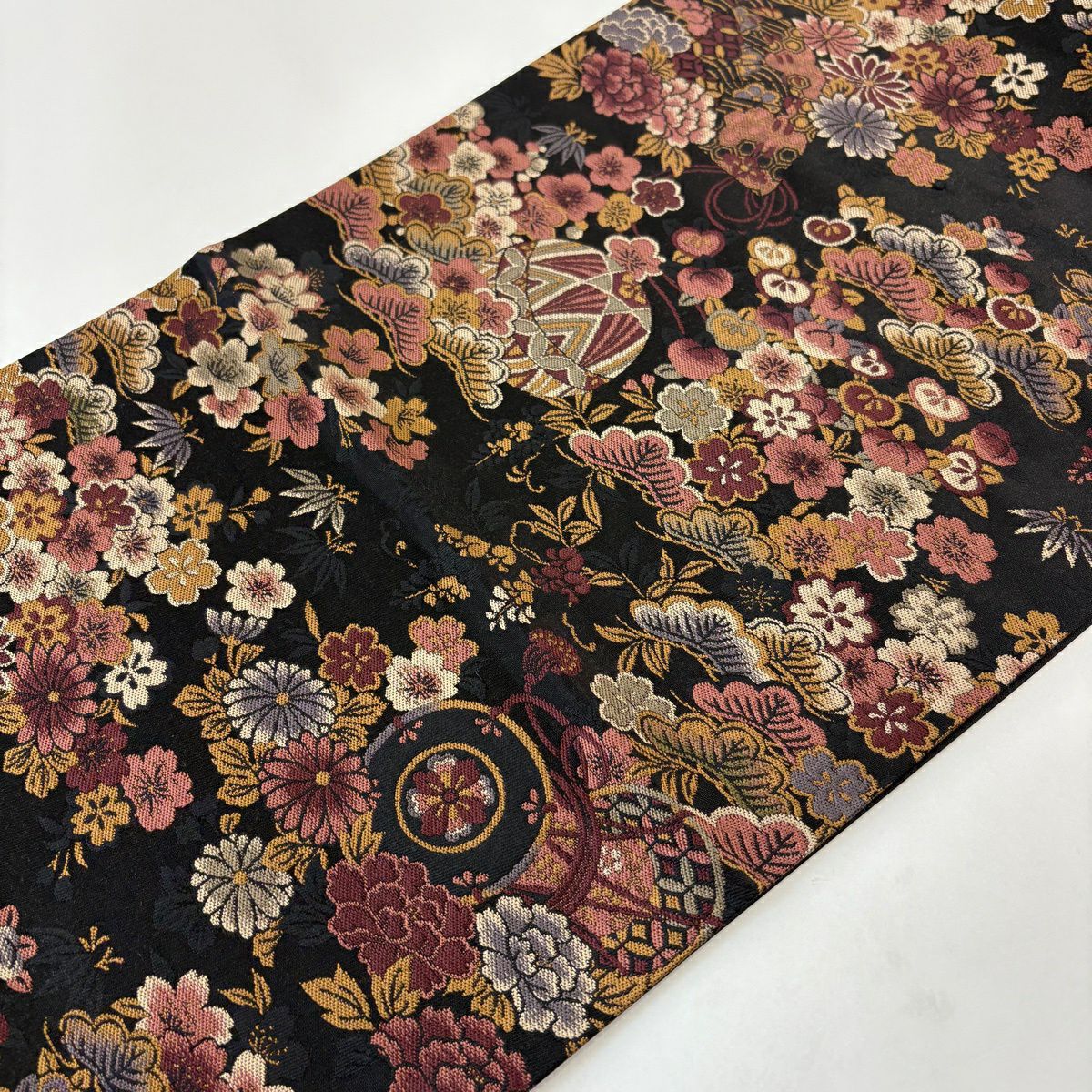 【美品】 袋帶 秀品級 こむさでもーど 鼓 櫻花 黑 六通 純蠶絲