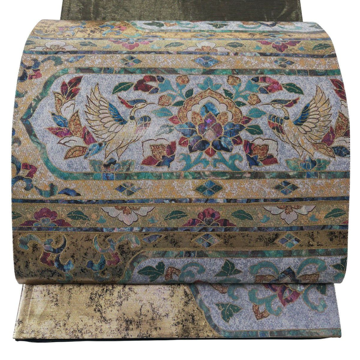 【美品】 袋帶 秀品級 草花紋 向鳥 螺鈿金金箔 金色 大鼓圖案 純蠶絲