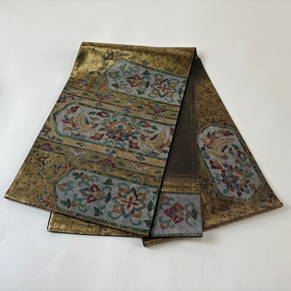 【美品】 袋帶 秀品級 草花紋 向鳥 螺鈿金金箔 金色 大鼓圖案 純蠶絲