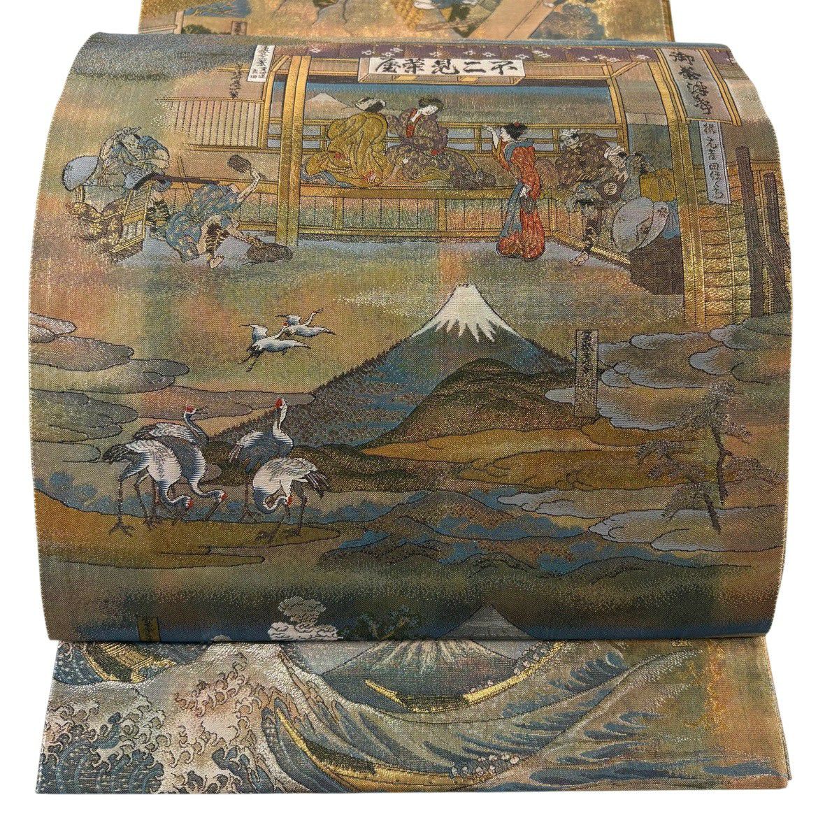 【美品】 袋帶 秀品級 北舟 冨獄三十六景 人物 金金箔 金茶 六通 純蠶絲