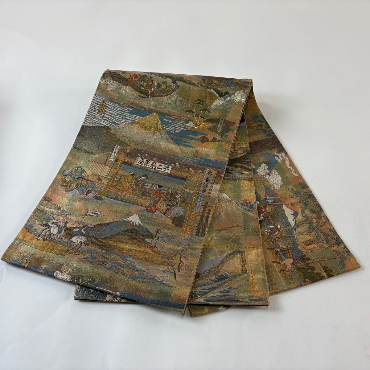 【美品】 袋帶 秀品級 北舟 冨獄三十六景 人物 金金箔 金茶 六通 純蠶絲