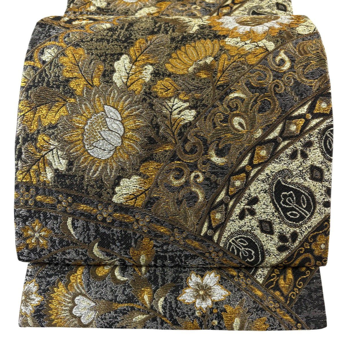 【美品】 袋帶 秀品級 草花紋 花唐草紋 金銀線 金金箔 黑灰 六通 純蠶絲