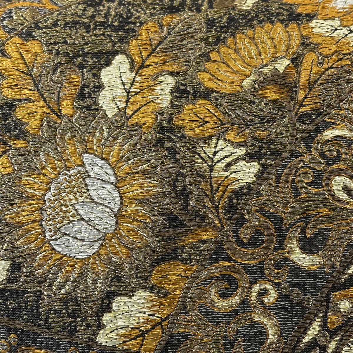 【美品】 袋帶 秀品級 草花紋 花唐草紋 金銀線 金金箔 黑灰 六通 純蠶絲