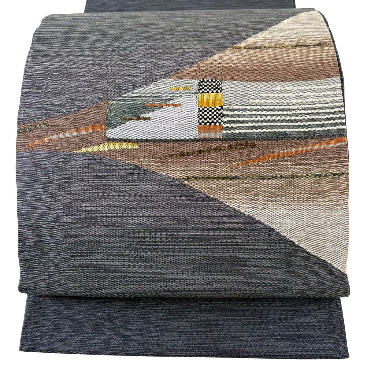【美品】 袋帶 秀品級 幾何學 墨色 お太鼓圖案 純蠶絲