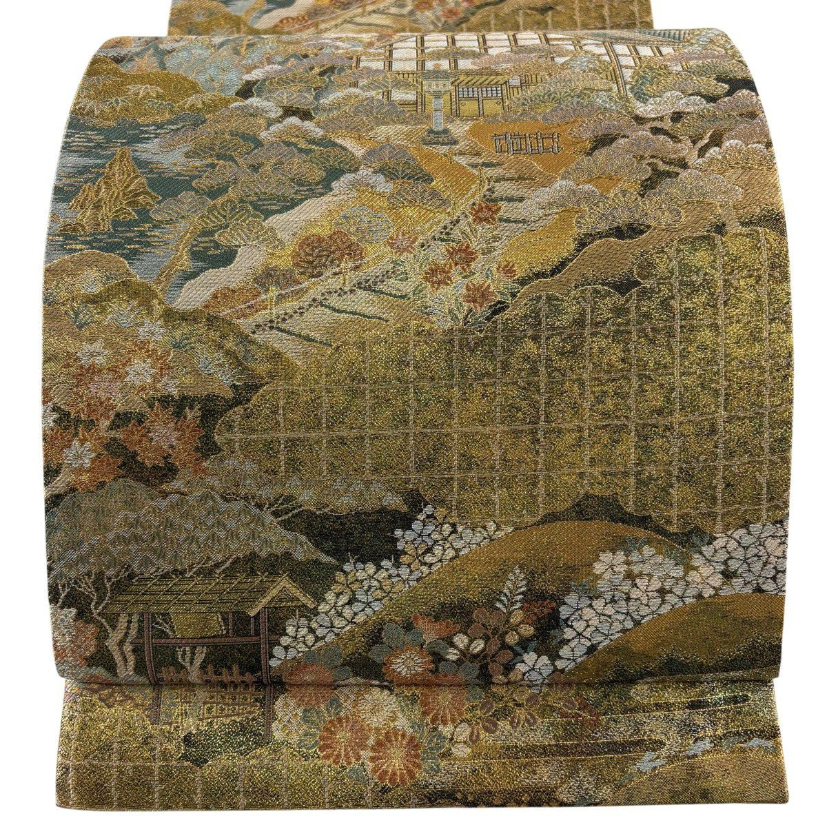 【美品】 袋帶 秀品級 風景 樹木 金絲 金金箔 金色 六通 純蠶絲