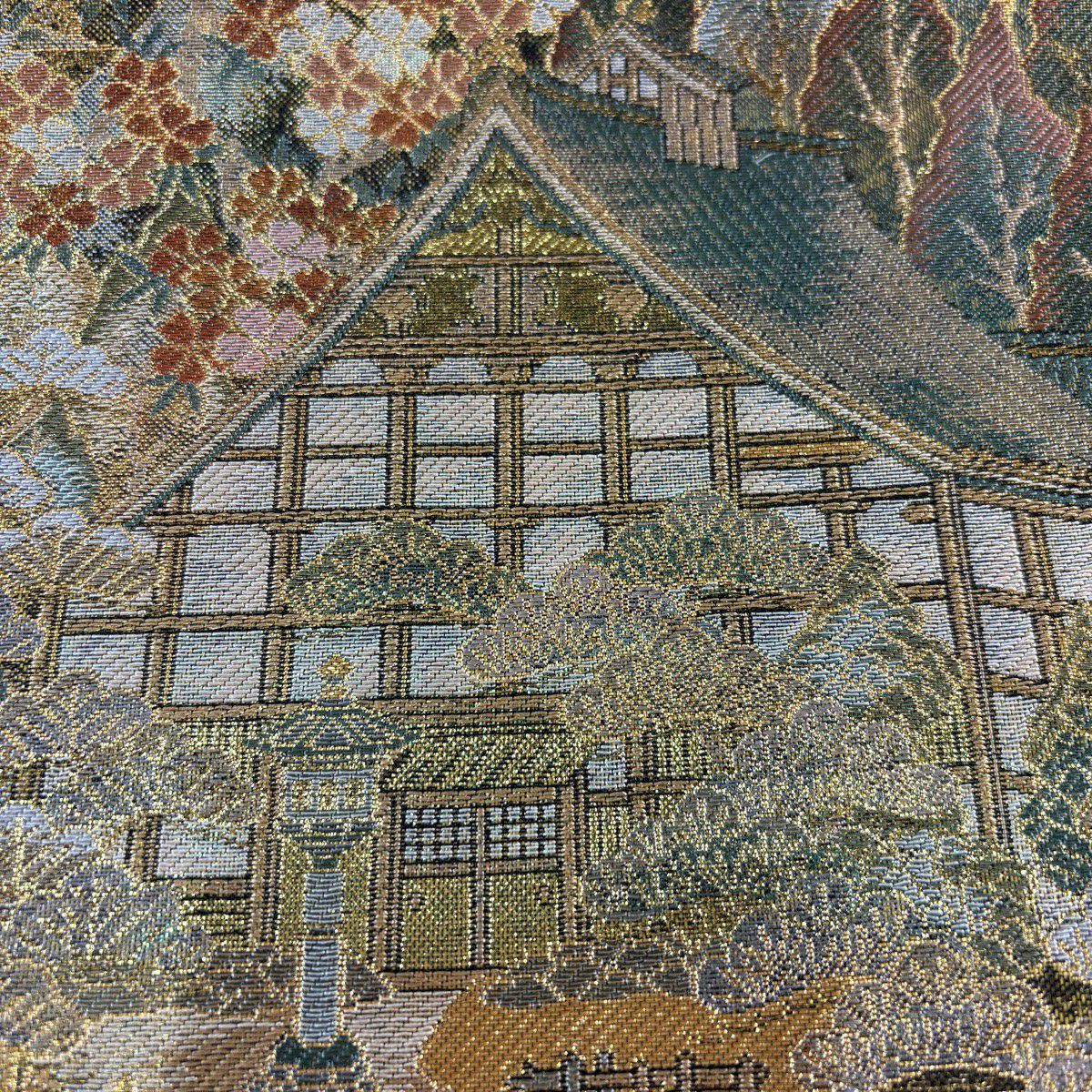 【美品】 袋帶 秀品級 風景 樹木 金絲 金金箔 金色 六通 純蠶絲
