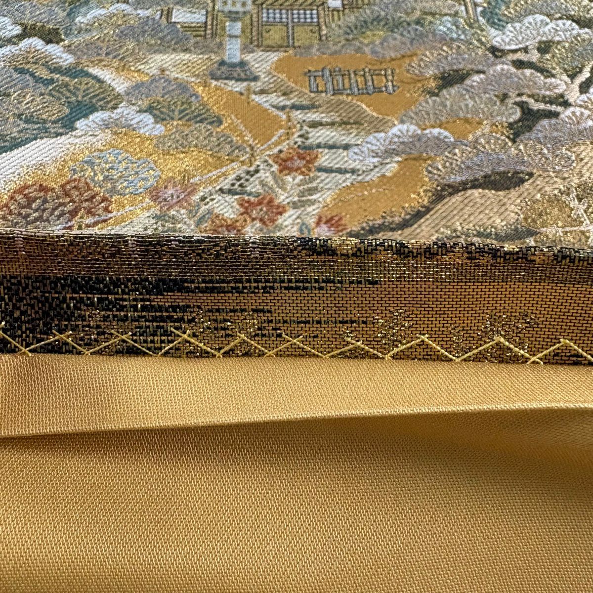 【美品】 袋帶 秀品級 風景 樹木 金絲 金金箔 金色 六通 純蠶絲