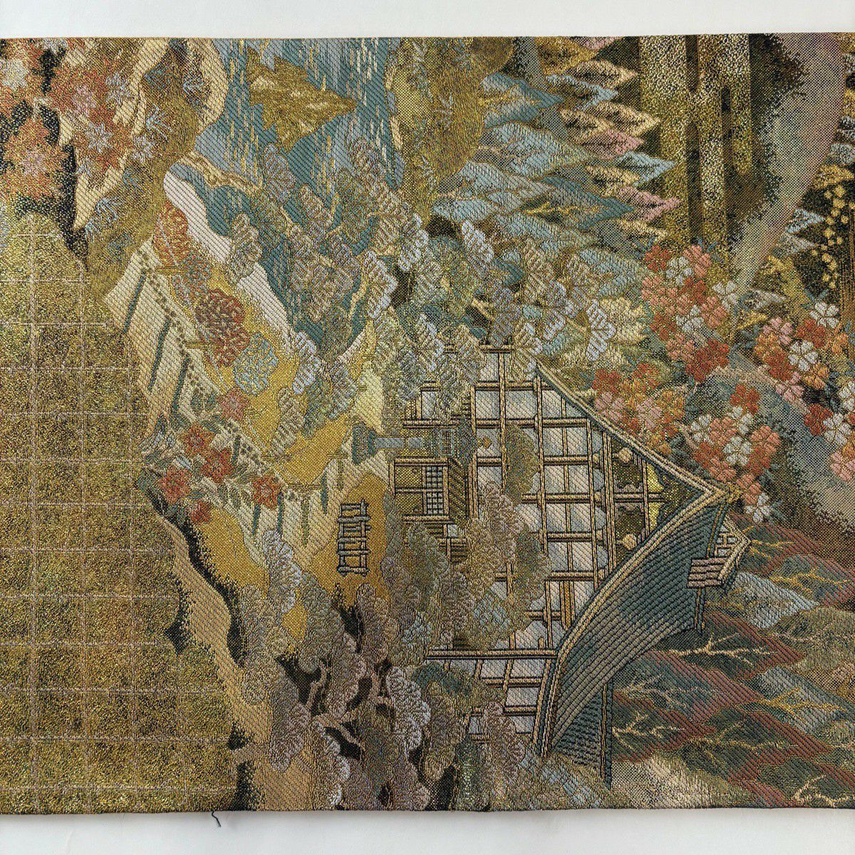 【美品】 袋帶 秀品級 風景 樹木 金絲 金金箔 金色 六通 純蠶絲