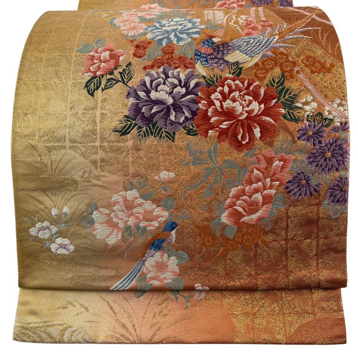 【美品】 袋帶 秀品級 御所車 花鳥 金糸 唐織 橙色 六通 純蠶絲