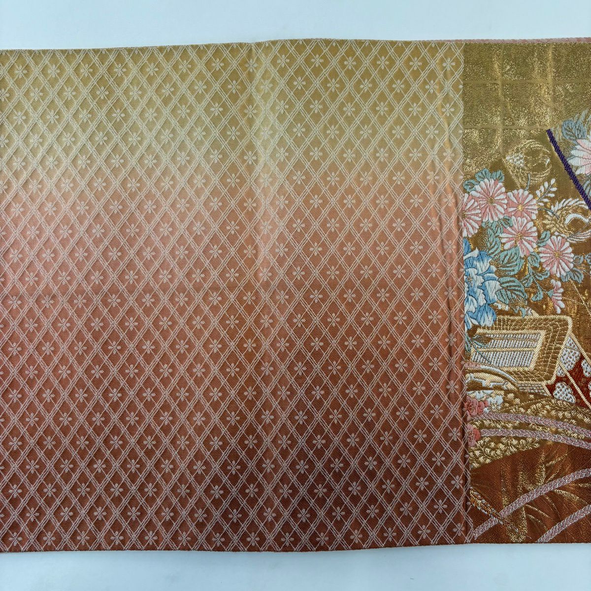 【美品】 袋帶 秀品級 御所車 花鳥 金糸 唐織 橙色 六通 純蠶絲