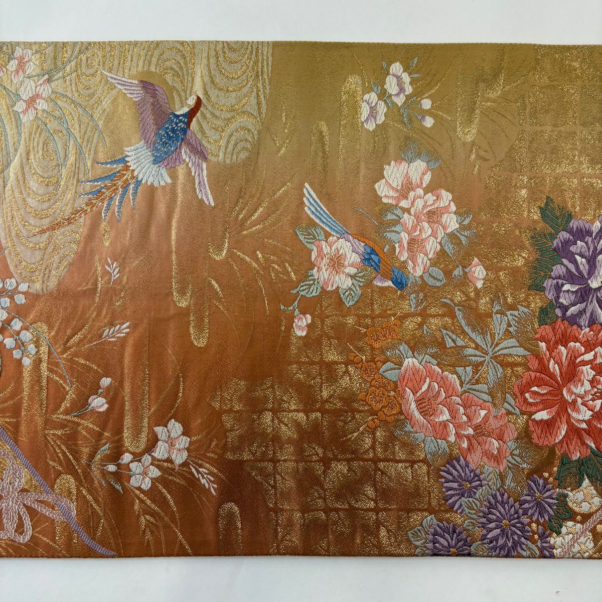 【美品】 袋帶 秀品級 御所車 花鳥 金糸 唐織 橙色 六通 純蠶絲