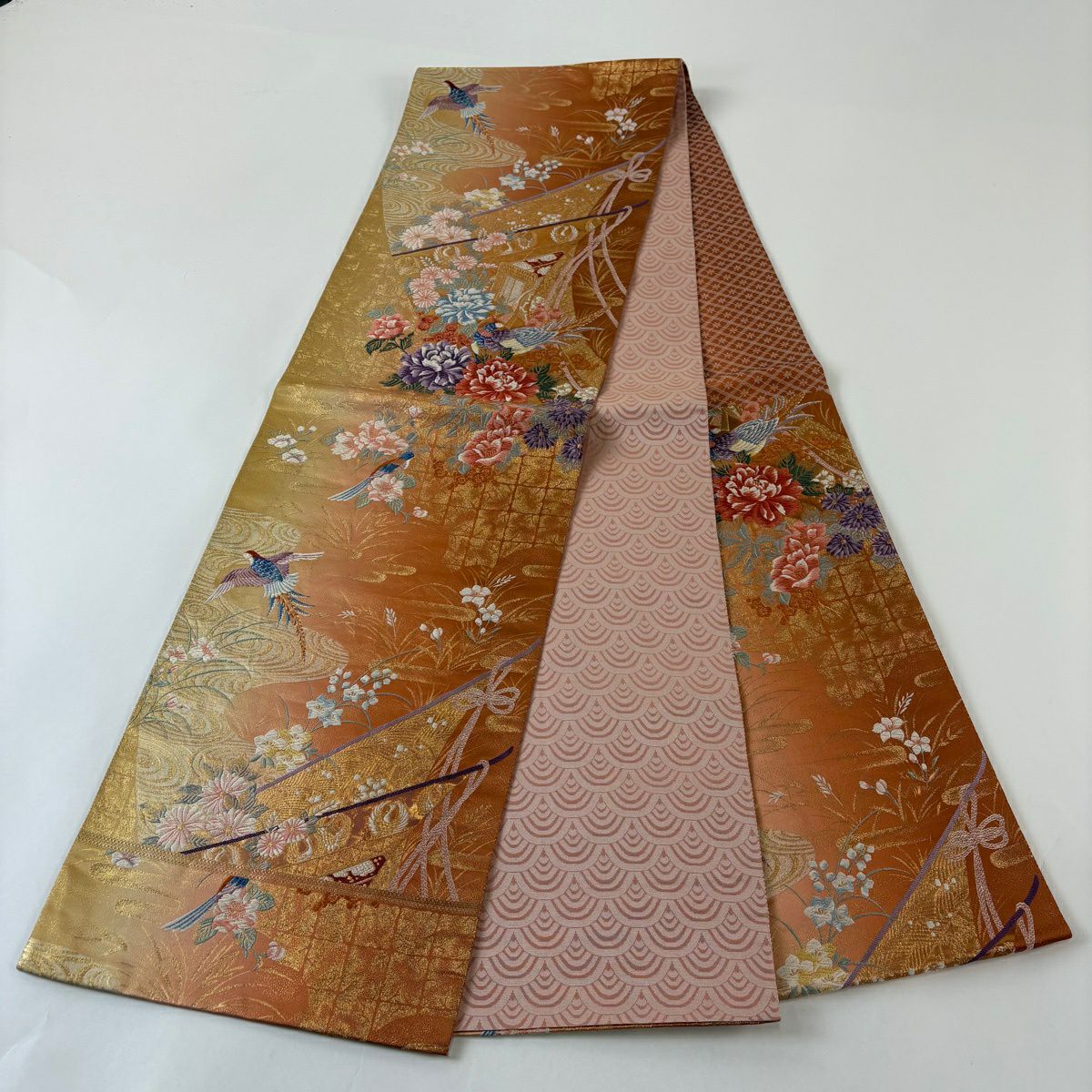 【美品】 袋帶 秀品級 御所車 花鳥 金糸 唐織 橙色 六通 純蠶絲