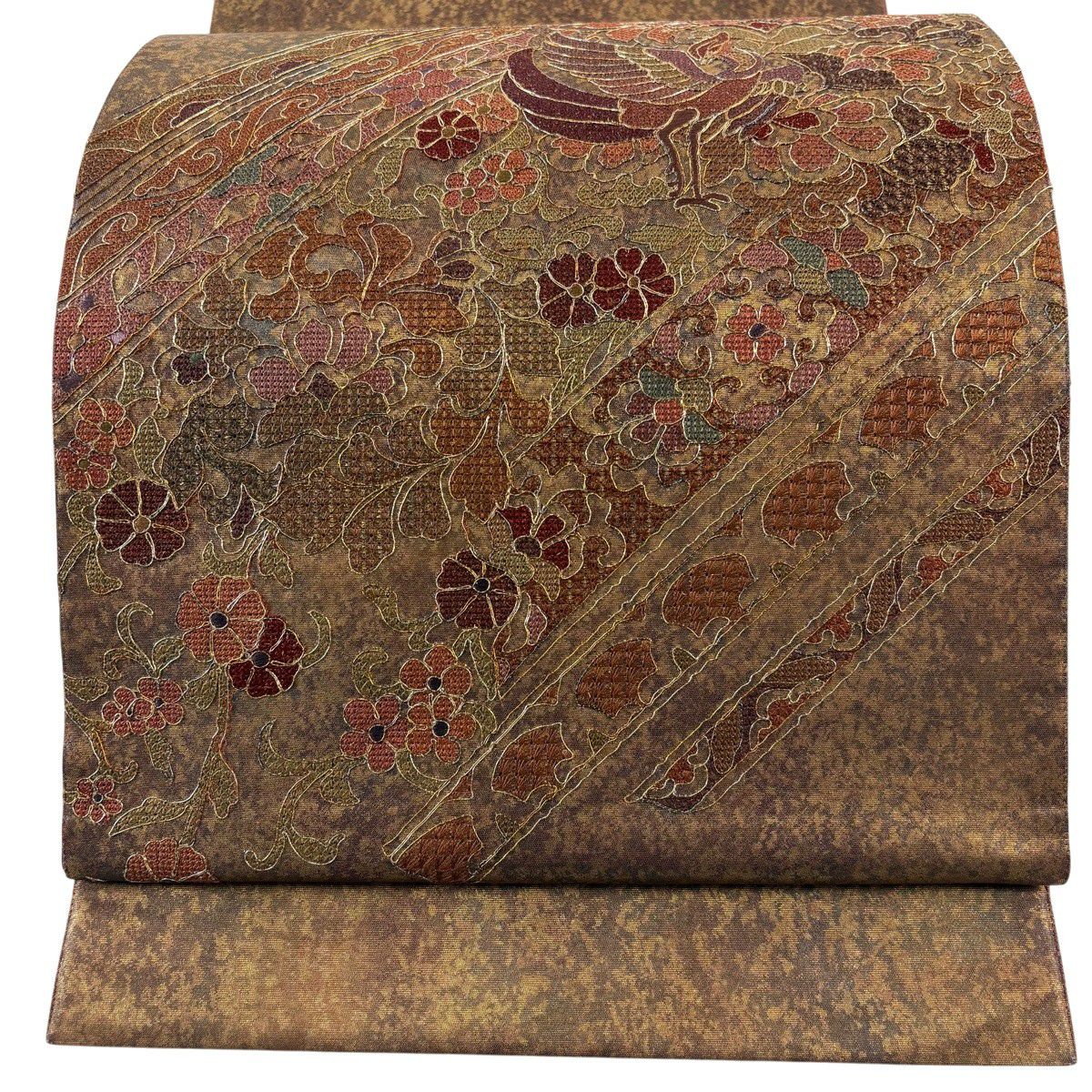 【美品】 袋帶 秀品級 花鳥 刺繡 金線 紅茶 お太鼓圖案 純蠶絲
